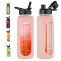 SIEROZUR 32oz Glass Water Bottle with 2 Lids-Handle Spout Lid & Straw Lid Large Sports Motivational Water Bottle with Silicone Sleeve and Time Marker Leakproof Reusable Water Jug for Gym