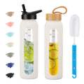 SIEROZUR 32oz Glass Water Bottle with 2 Lids-Handle Straw Lid&Bamboo Lid Motivational Water Bottle with Time Marker Reminder and Silicone Sleeve Leakproof Water Jug Canteen for Gym