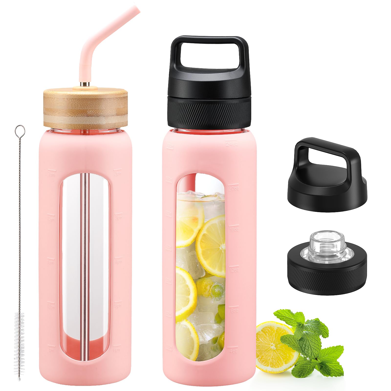 Kodrine 24 oz Glass Water Bottle with Straw Clear Water Bottle Chug Lid and Bamboo Straw Lid Borosilicate Glass Bottle 2 Lids Handle Top Wide Mouth Water Bottle With Silicone Sleeve Pink