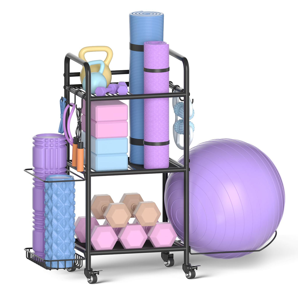 MotionHaus home gym storage rack holding yoga mats, dumbbells, and kettlebells for organized workout space.
