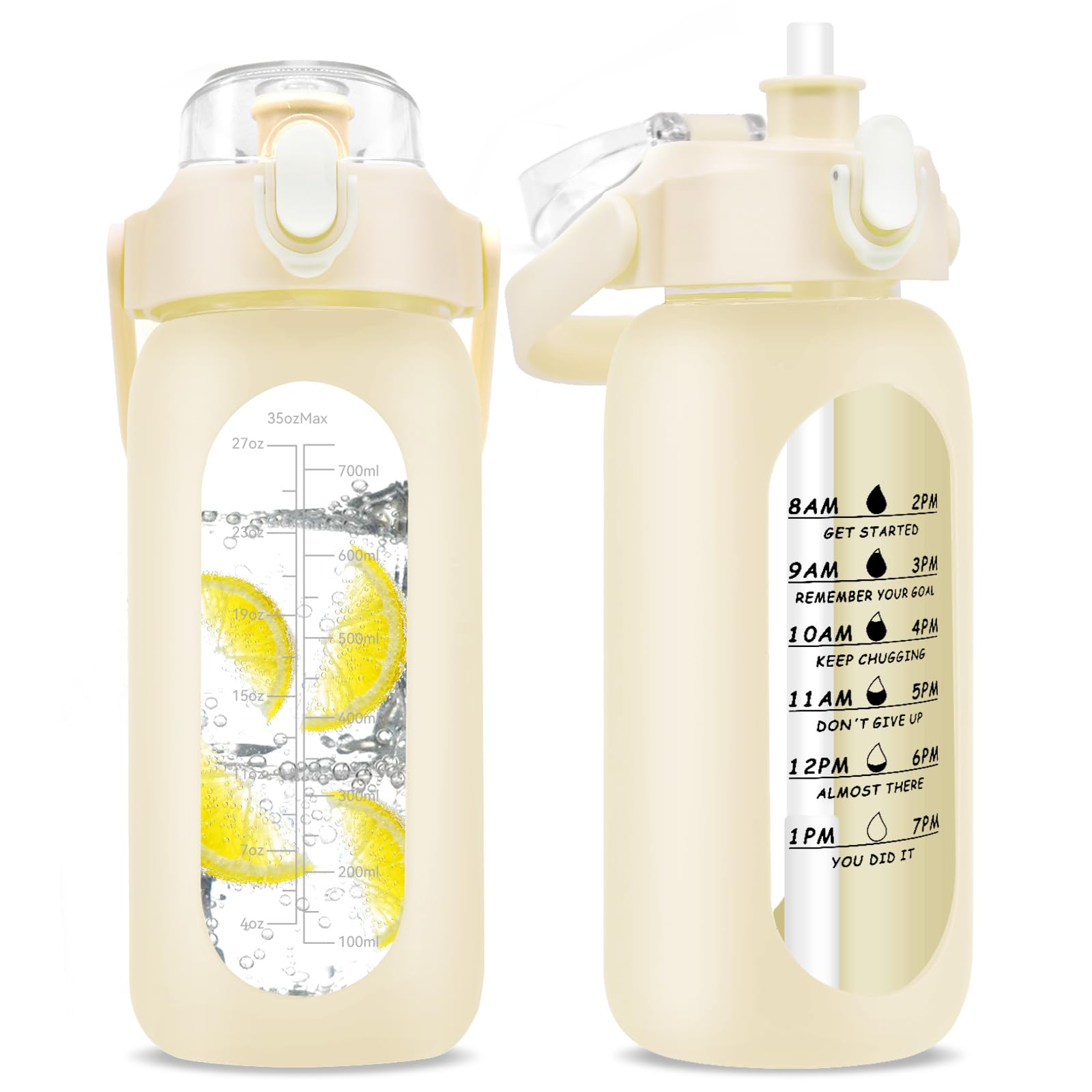 32 oz Glass Water Bottle with Time Marker - 1000ml Large Sports Motivational Water Bottles with Handle & Silicone Case 1 Liter Leak-proof Measured Drinking Bottle for Gym Fitness Workout (White)
