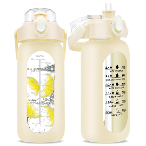 32 oz Glass Water Bottle with Time Marker - 1000ml Large Sports Motivational Water Bottles with Handle & Silicone Case 1 Liter Leak-proof Measured Drinking Bottle for Gym Fitness Workout (White)