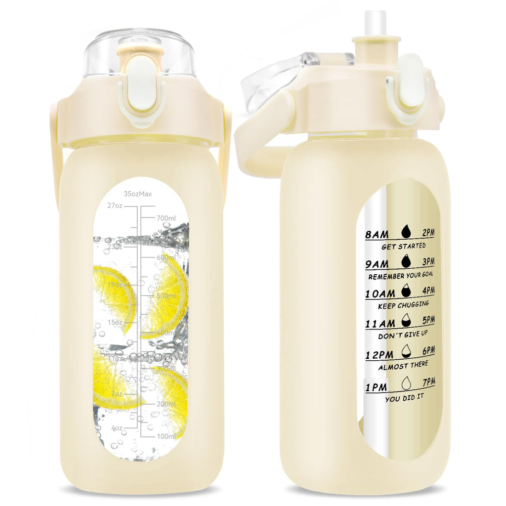 32 oz Glass Water Bottle with Time Marker - 1000ml Large Sports Motivational Water Bottles with Handle & Silicone Case 1 Liter Leak-proof Measured Drinking Bottle for Gym Fitness Workout (White)