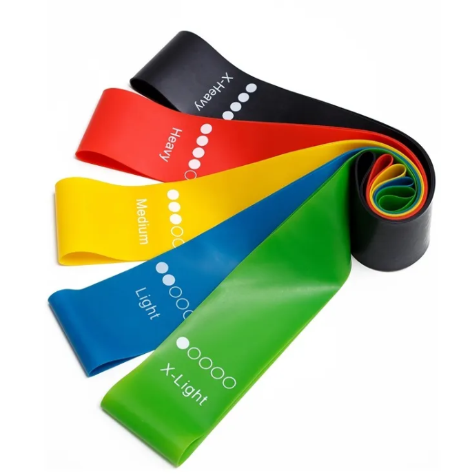 MotionHaus FlexiFit Yoga Resistance Bands shown in a variety of colors, ideal for stretching and strength training exercises.