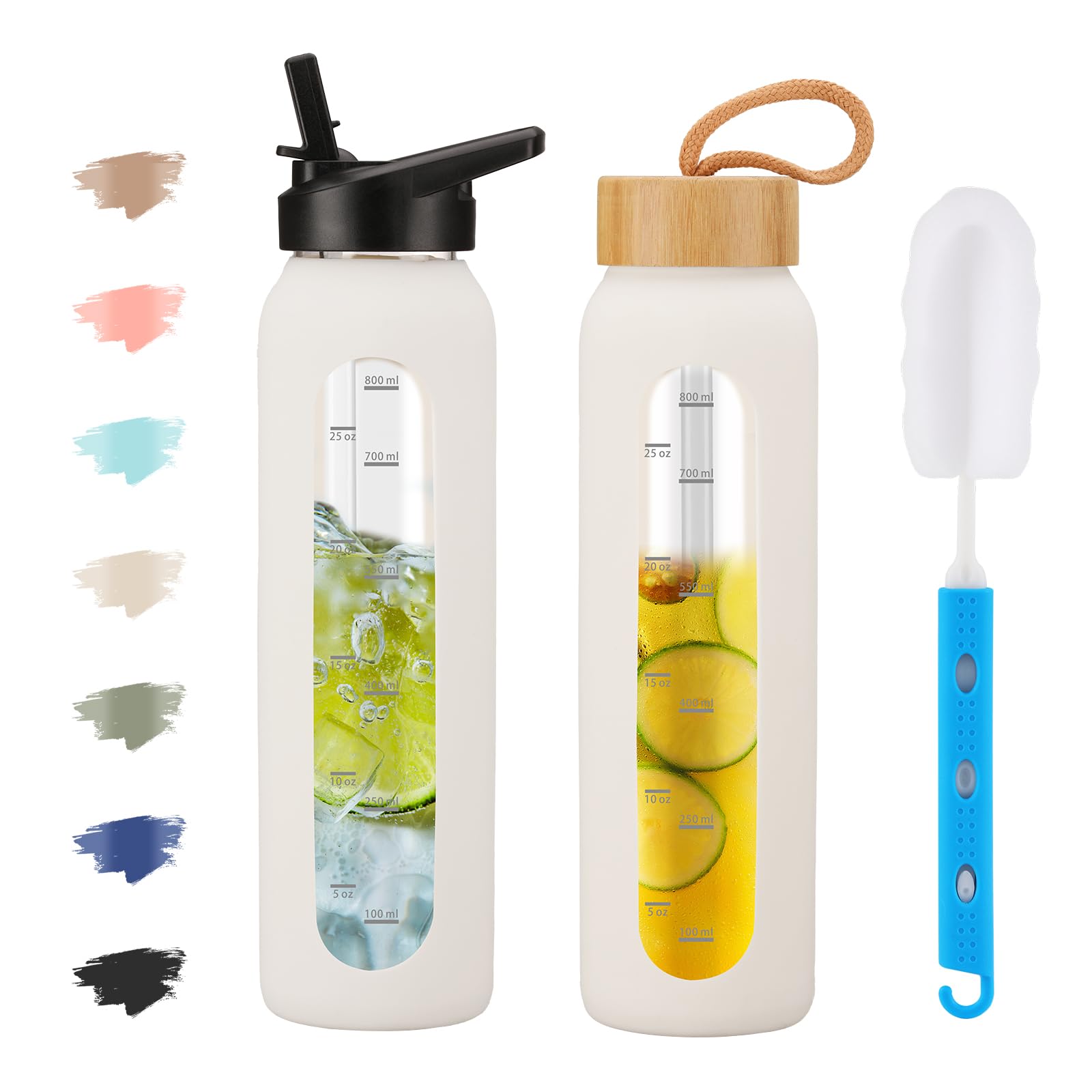 SIEROZUR 32oz Glass Water Bottle with 2 Lids-Handle Straw Lid&Bamboo Lid Motivational Water Bottle with Time Marker Reminder and Silicone Sleeve Leakproof Water Jug Canteen for Gym