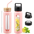 Kodrine 24 oz Glass Water Bottle with Straw Clear Water Bottle Chug Lid and Bamboo Straw Lid Borosilicate Glass Bottle 2 Lids Handle Top Wide Mouth Water Bottle With Silicone Sleeve Pink