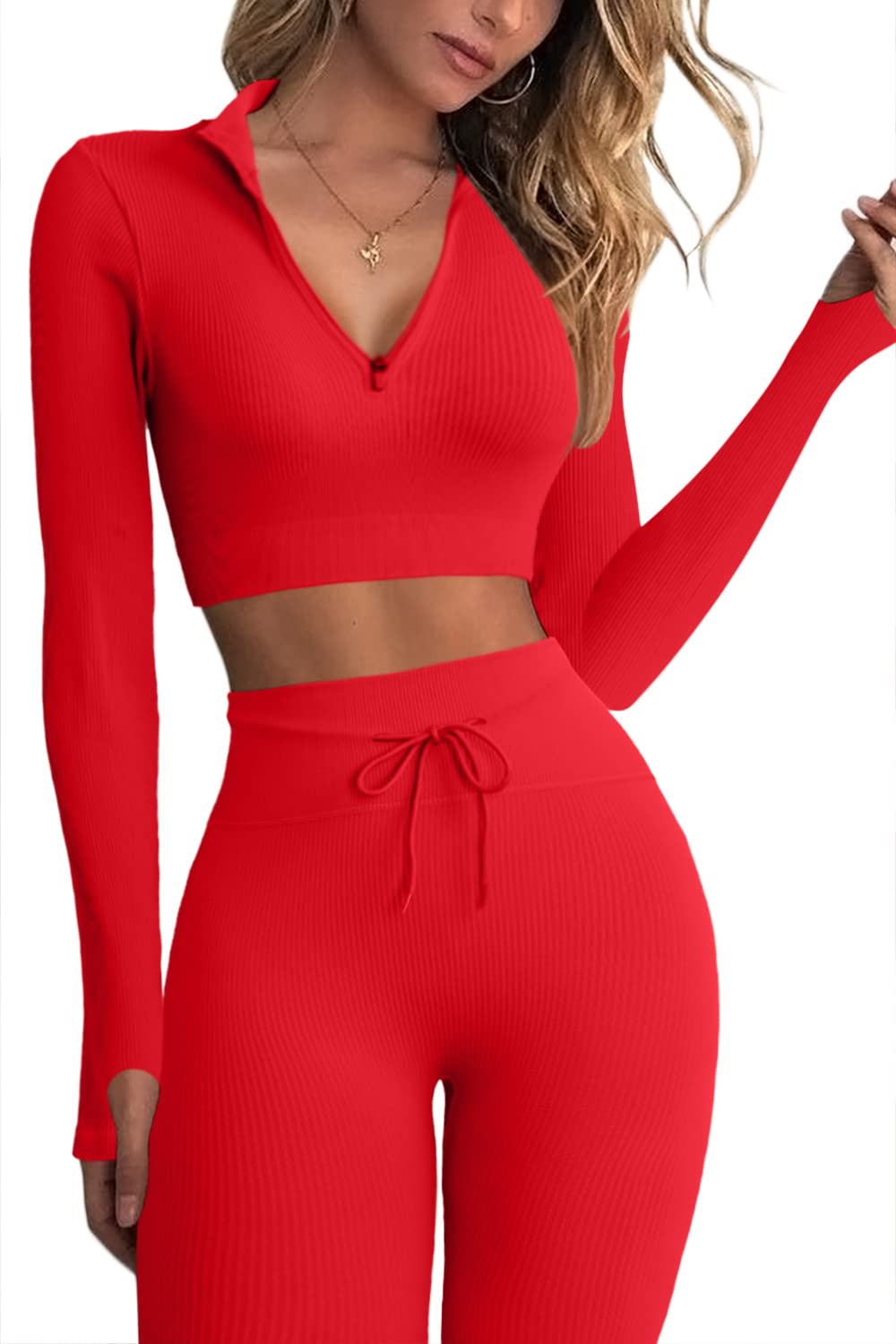 QINSEN Workout Sets for Women 2 Piece Seamless Long Sleeve Crop Tops Ribbed High Waist Leggings (M Y118 Red)