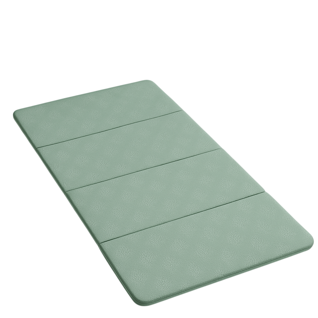 Foldable non-slip yoga mat from My Store, showing textured surface and compact design for home workouts.