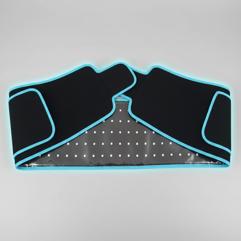 MotionHaus LED Infrared Belt Therapy Device showing a black belt with infrared light panels for pain relief and muscle therapy.