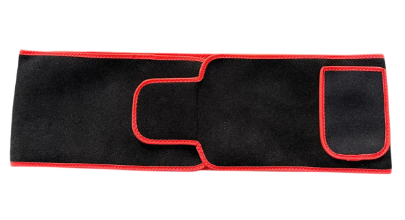 MotionHaus LED infrared belt therapy device wrapped around a person's waist for pain relief and muscle relaxation.