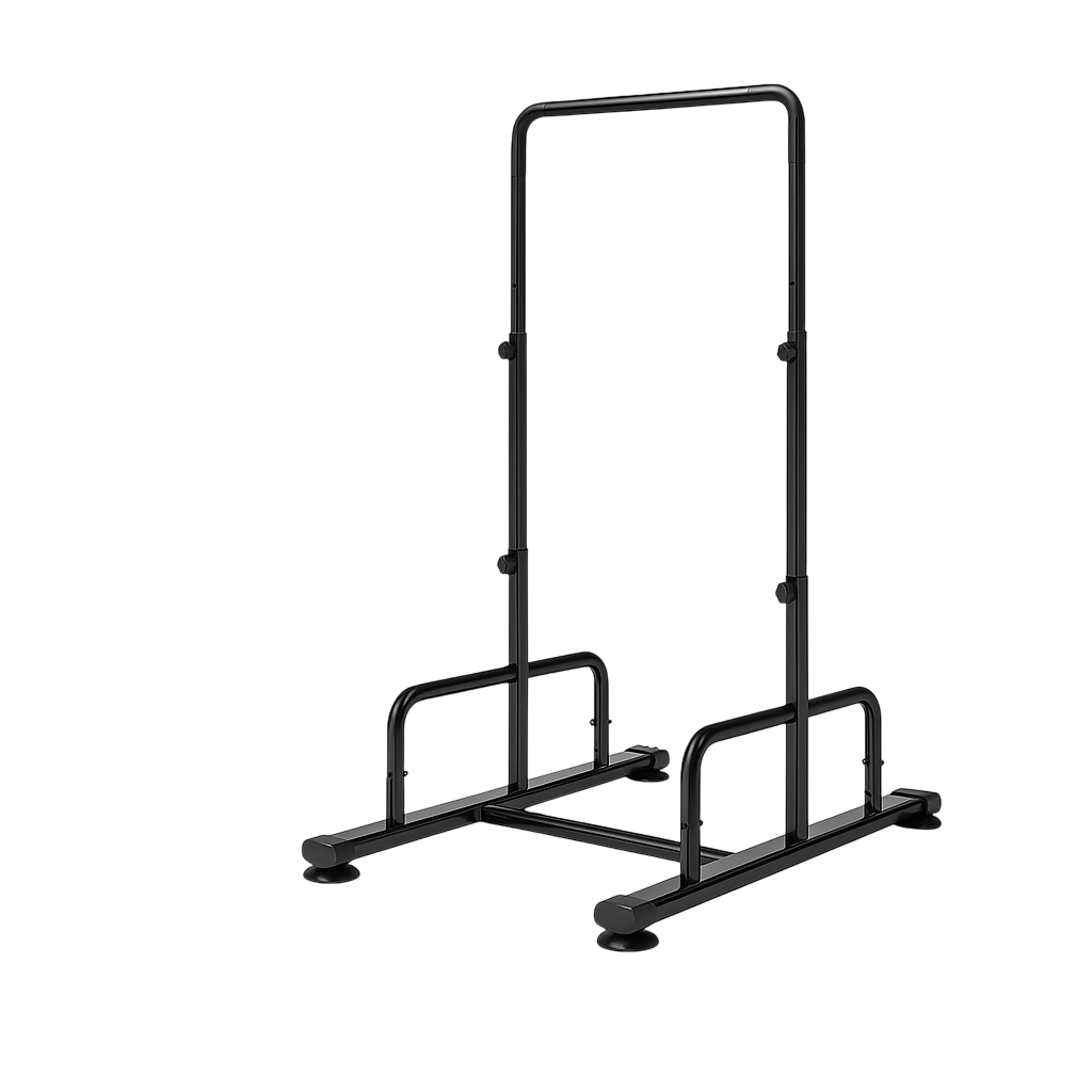 Doorway pull-up bar mounted in a doorway frame for upper body strength training, showcasing its sturdy metal construction.