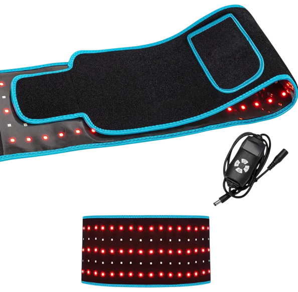 MotionHaus LED Infrared Belt Therapy Device showing a sleek black belt with infrared LED lights for pain relief and muscle therapy.
