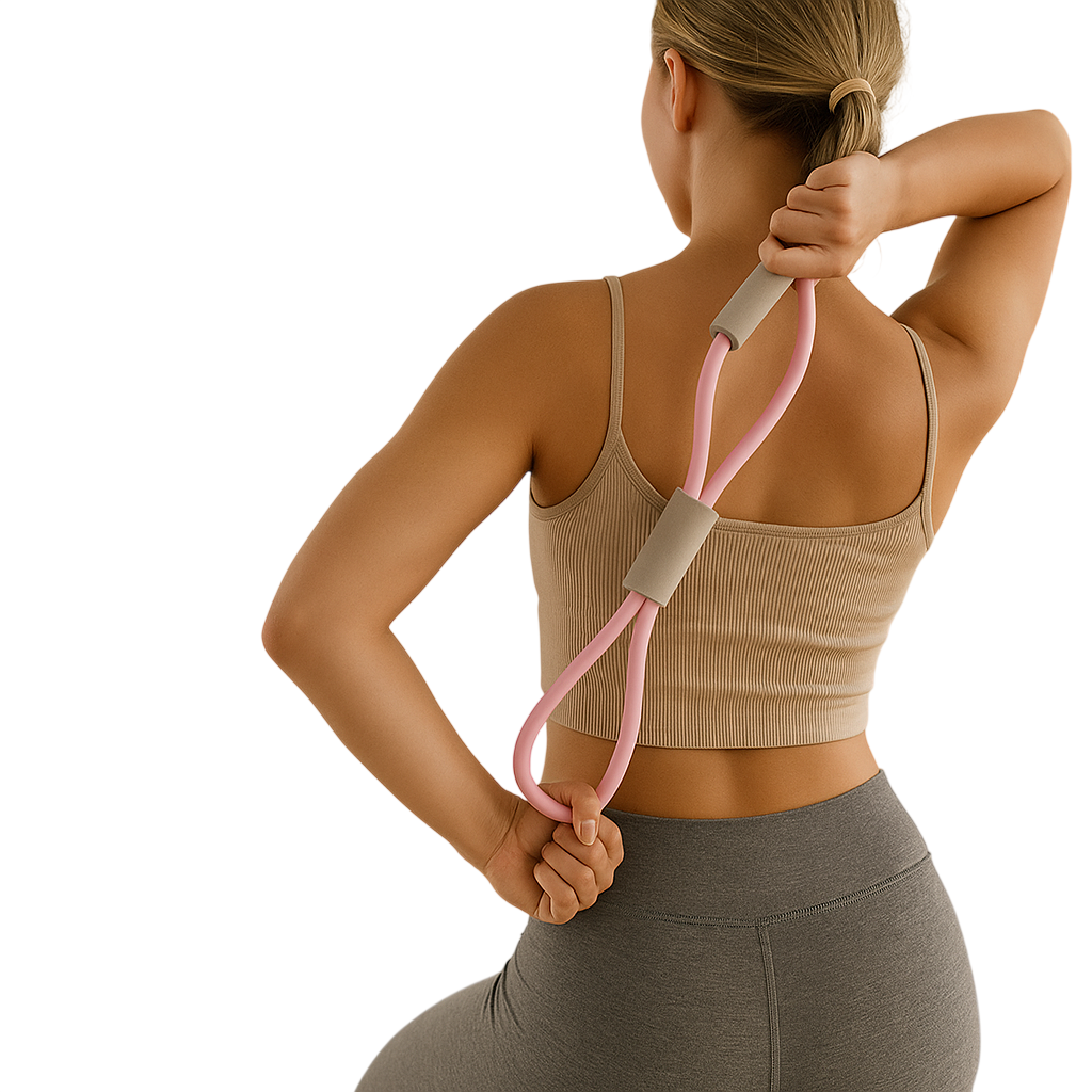 My Store Figure 8 resistance band for stretching and Pilates, showing the black and gray elastic band on a white background.