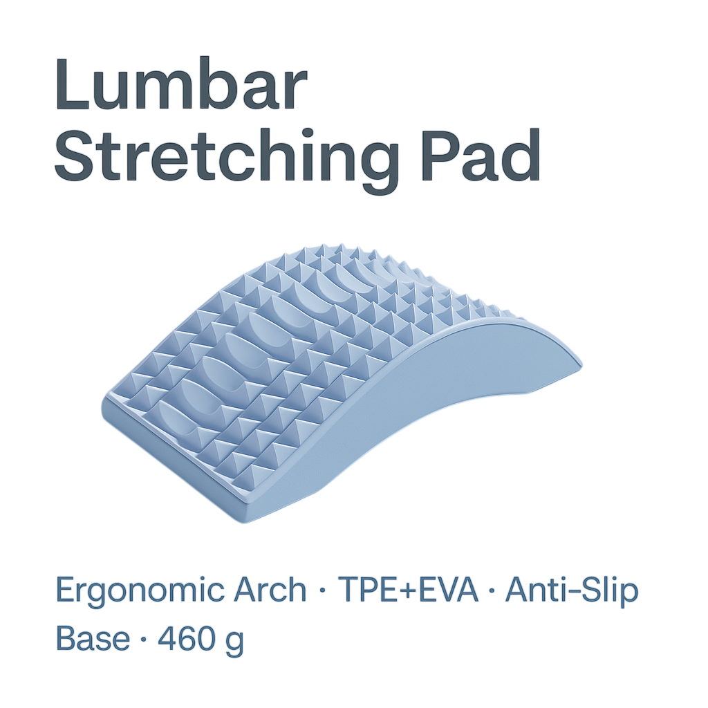 Back stretching mat from My Store designed for lower back pain relief, showing a user lying on the cushioned mat for stretching exercises.