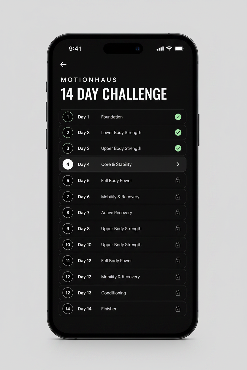 MotionHaus 14-Day Consistency Challenge promotional image featuring motivational graphics and calendar layout.